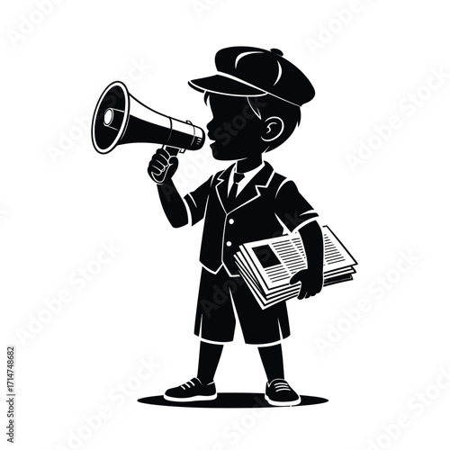 Young newspaper boy in vintage clothing shouting through a megaphone holding papers