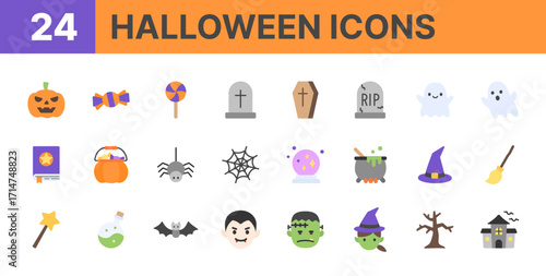 Cute flat icon set featuring pumpkin, witch, flying broom, vampire, candy, gravestone, and more in bright flat colors. Perfect for festive posters, playful web graphics, and cheerful Halloween designs