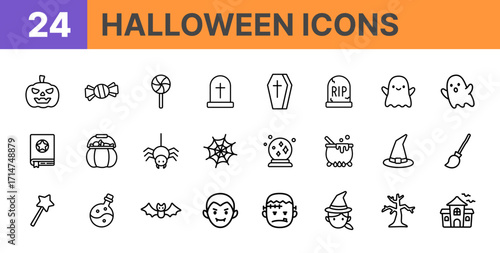 Adorable Halloween icon set featuring pumpkin, witch, flying broom, vampire, candy, gravestone, and more in clean line style. Ideal for party invitations, festive stickers, and seasonal graphics