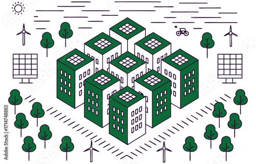 Isometric city block with multiple high-rise apartments and trees