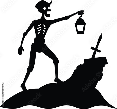 Skeleton pirate holding a lantern on a rocky island with a sword