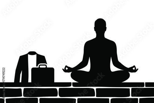 Silhouette of person meditating in lotus pose next to a briefcase and suit