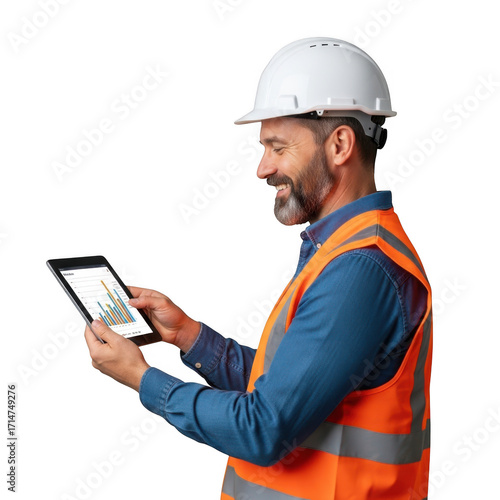 Wallpaper Mural A smiling construction worker wearing a white hard hat and orange safety vest examines a digital tablet displaying charts and graphs isolated on transparent background Torontodigital.ca