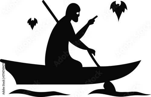 Silhouette of a skeleton in a canoe paddling through dark waters with bats flying