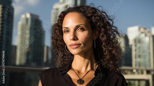 Confident Woman with Curly Hair Posing Against a City Skyline