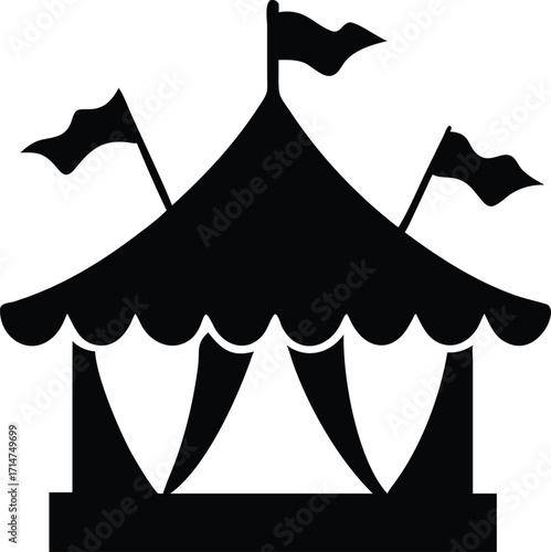 Black silhouette of a circus tent with flags
