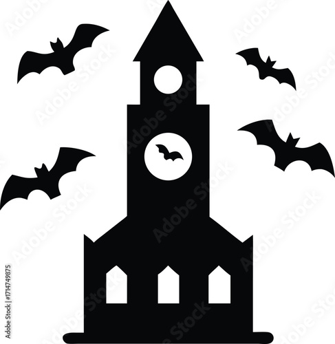 Silhouette of a spooky clock tower with bats flying around it