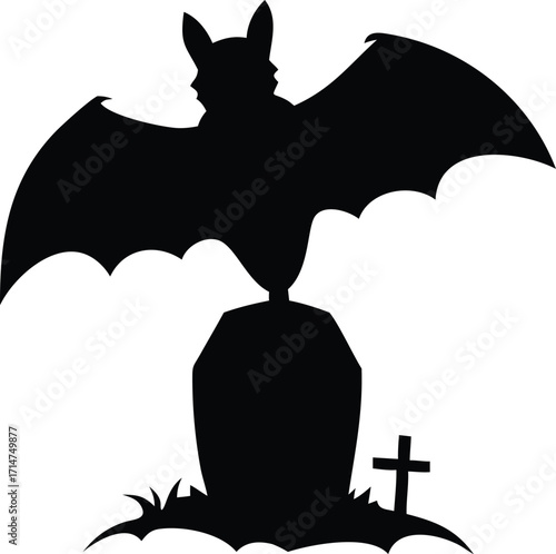 Silhouette of a bat perched on a tombstone with a cross