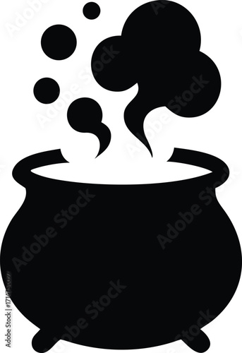 Black silhouette of a bubbling cauldron with steam and smoke