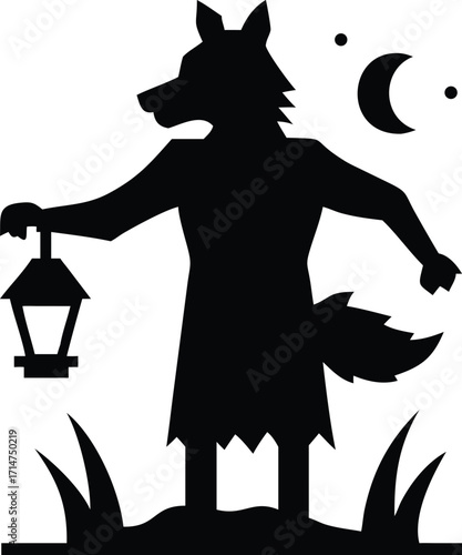 Silhouette of a werewolf holding a lantern under a crescent moon