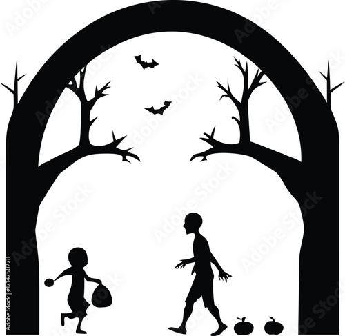Silhouette of children trick or treating under a spooky archway with bats and pumpkins