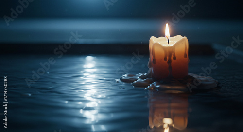 Burning candle with melted wax on a reflective surface in a dark room