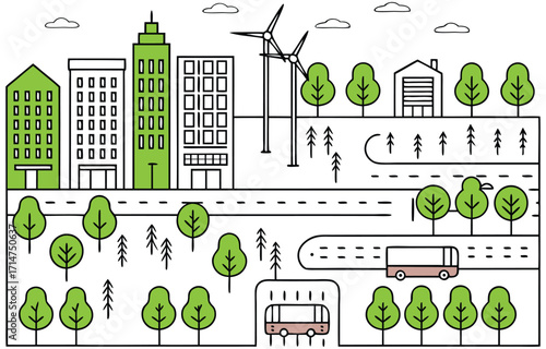 Urban boulevard illustration with tree-lined streets and modern buildings