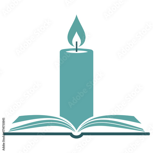 Teal Candle Flame Above Open Book Logo Symbol On White Background Vector fire light
