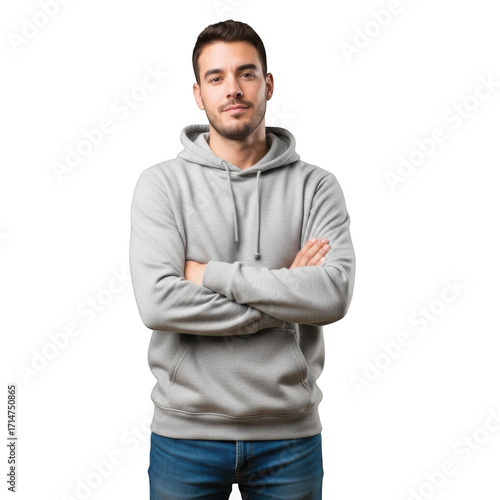 Wallpaper Mural A confident young man with short brown hair wearing a gray hooded sweatshirt and blue jeans stands with his arms crossed isolated on transparent background Torontodigital.ca