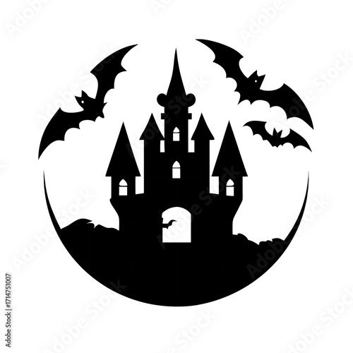 A spooky Halloween haunted house with bats flying under a full moon silhouette isolated on transparent background