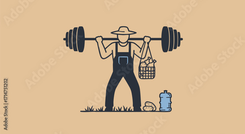 Illustration of a farmer lifting weights, symbolizing strength, health, and agricultural productivity