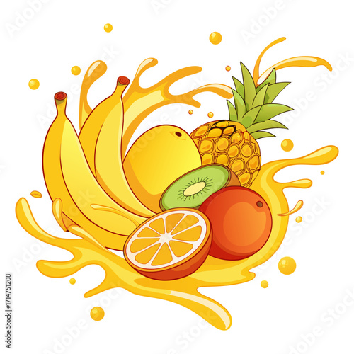 Banana, Pineapple, Orange, Kiwi and Mango Fruit Splash Vector Illustration