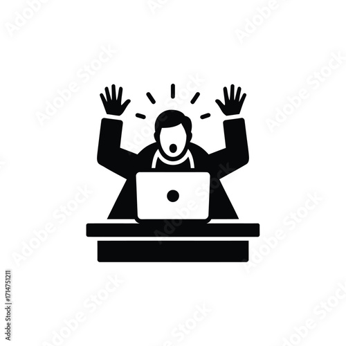 Frustrated businessman with hands up in the air in front of laptop computer