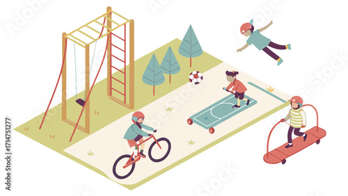 Happy kids enjoy active play at park playground with swings, bike, sports and carefree fun