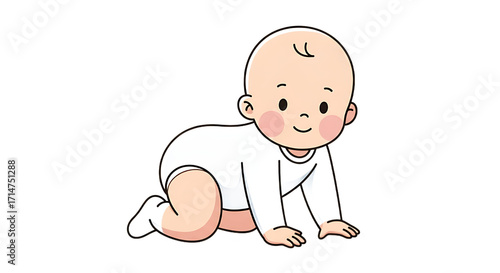Charming illustration of a happy baby learning to crawl on a white background, symbolizing a key developmental milestone in early childhood