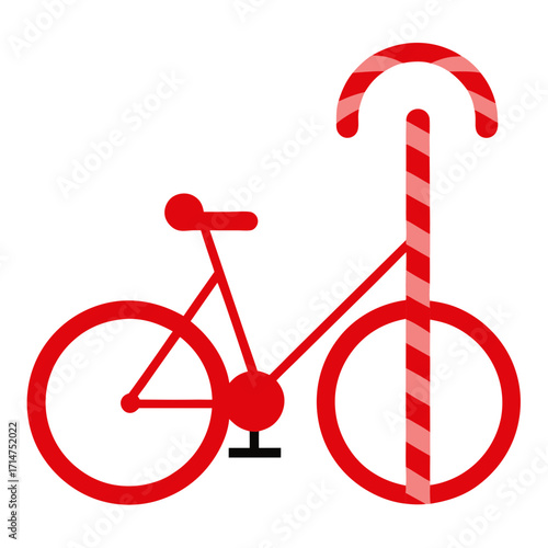 Red bicycle with candy cane handlebars and seat