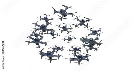 Numerous drones arranged in a circular pattern on a ideal for technology and innovation concepts isolated on white background