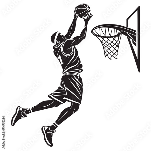 Dynamic silhouette of a basketball player soaring through the air to dunk the ball into the hoop
