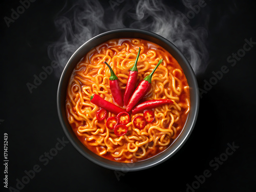 Fiery spicy buldak ramen noodle dish with red chilies and steam overhead shot