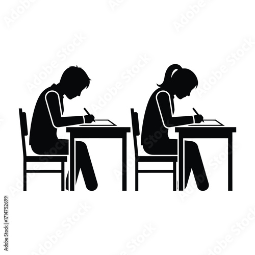 Two black silhouettes of students writing at desks in a classroom education vector