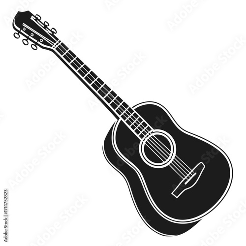 A stylized black silhouette of an acoustic guitar angled diagonally on a white background