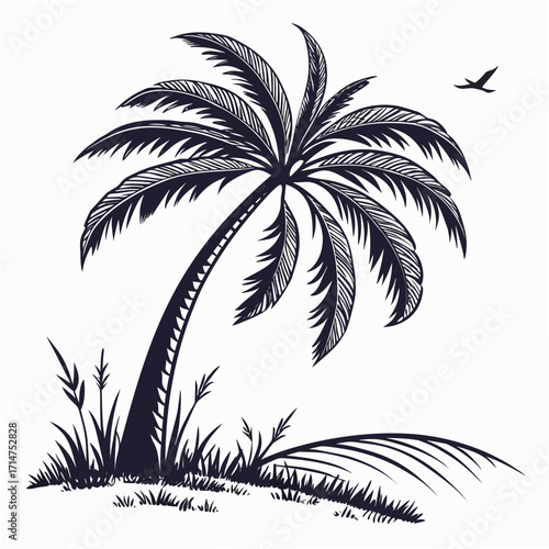 Stylized silhouette of a tropical palm tree swaying in the breeze with a bird flying in the sky