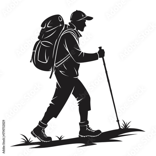 Silhouette of a hiker with a backpack and trekking pole walking through grass on a white background