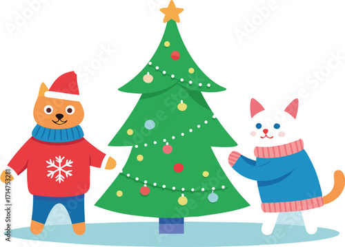 Cute cats decorating a christmas tree in the snow