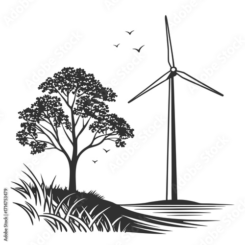 Modern wind turbine silhouette illustration for renewable energy and sustainable power generation concepts