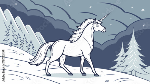 Unicorn winter landscape drawing vector illustration, fantasy horse in snowy mountain scene art