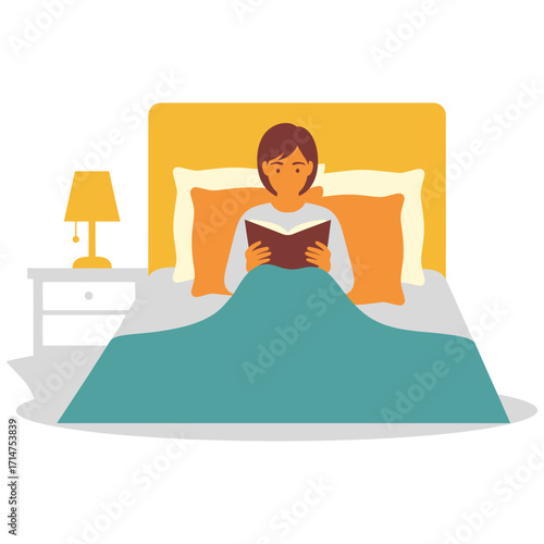 Woman reading book in bed under teal blanket bedside lamp bedroom vector