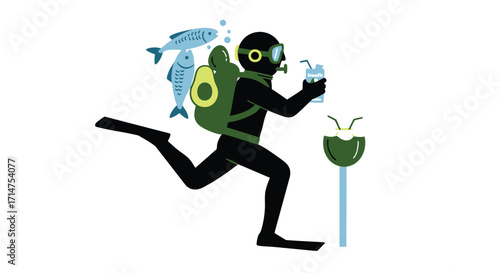 Running diver with avocado and fish on back, holding a drink, in a surreal and humorous depiction