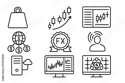 Forex Trading Icons. Line style icons of forex trading: lot size symbol, price action icon, order book view, liquidity provider
