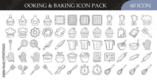 Cooking and baking icon set collection - Pack of 60 outline icons featuring utensils, chef hats, pans, bowls, ingredients, and kitchen tools for cooking, baking, and culinary projects.
