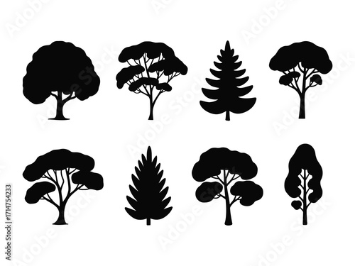 Black oak tree silhouette vector illustration, large natural element with wide canopy and dense foliage, isolated design for landscape, eco projects, and decorative artwork.