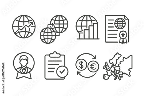 Hedge Funds Icons. Line style icons of hedge funds: global investment icon, cross-border capital, foreign market icon,