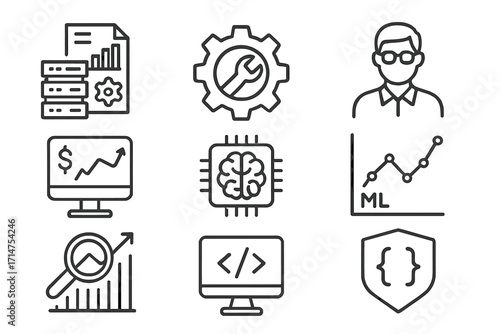 Hedge Fund Icons. Line style icons of hedge funds: hedge fund tech stack, algorithm settings, data scientist icon, financial model