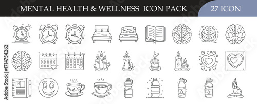 Mental health and wellness icon set collection - Pack of 27 outline icons featuring brains, meditation, self-care, books, sleep, and relaxation symbols for psychology, therapy, and wellness projects.

