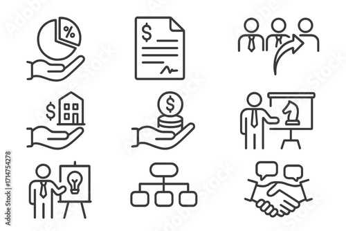Private Equity Icons. Line style icons of private equity: equity stake icon, term sheet document, management buyout, private