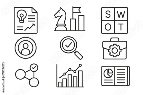 Private Equity Icons. Line style icons of private equity: investment thesis, competitive landscape, SWOT analysis, target market