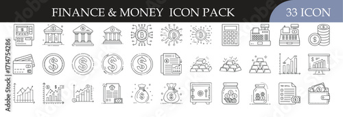 Finance and money icon set collection - Pack of 33 outline icons featuring banks, coins, credit cards, graphs, currency, and savings symbols for financial, investment, and economic projects.
