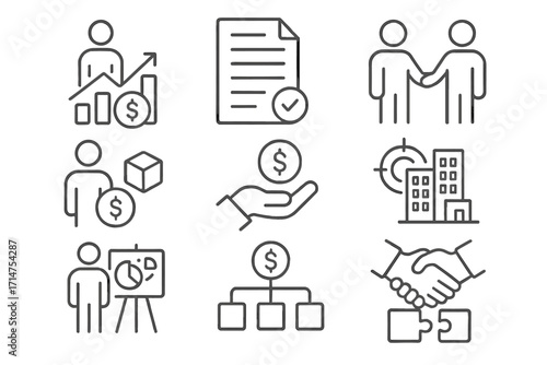 Private Equity Icons. Line style icons of private equity: equity stake icon, term sheet document, management buyout, private