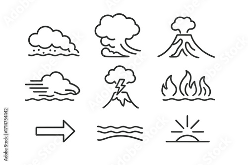 Volcanology Hazard Icons. Line style icons of volcanology: pyroclastic surge, gas cloud, superheated flow, fast-moving hazard,