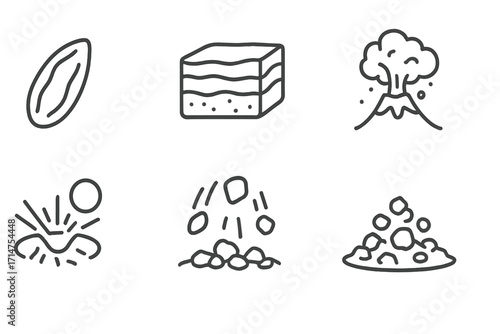 Volcanology Icon Set. Line style icons of volcanology: volcanic bomb, tephra layer, lapilli particle, volcanic ejecta, ballistic